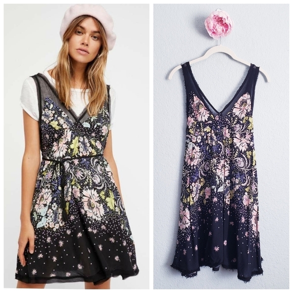 Intimately Free People Black Floral Raw Hem Slip - Picture 1 of 8